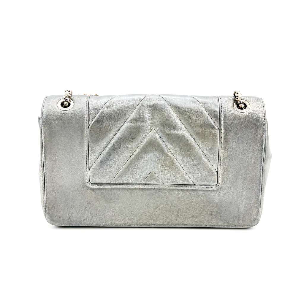 Chanel Chevron V-Stitch Metallic Flap Bag Silver Hardware Silver Leather Fair - Back View