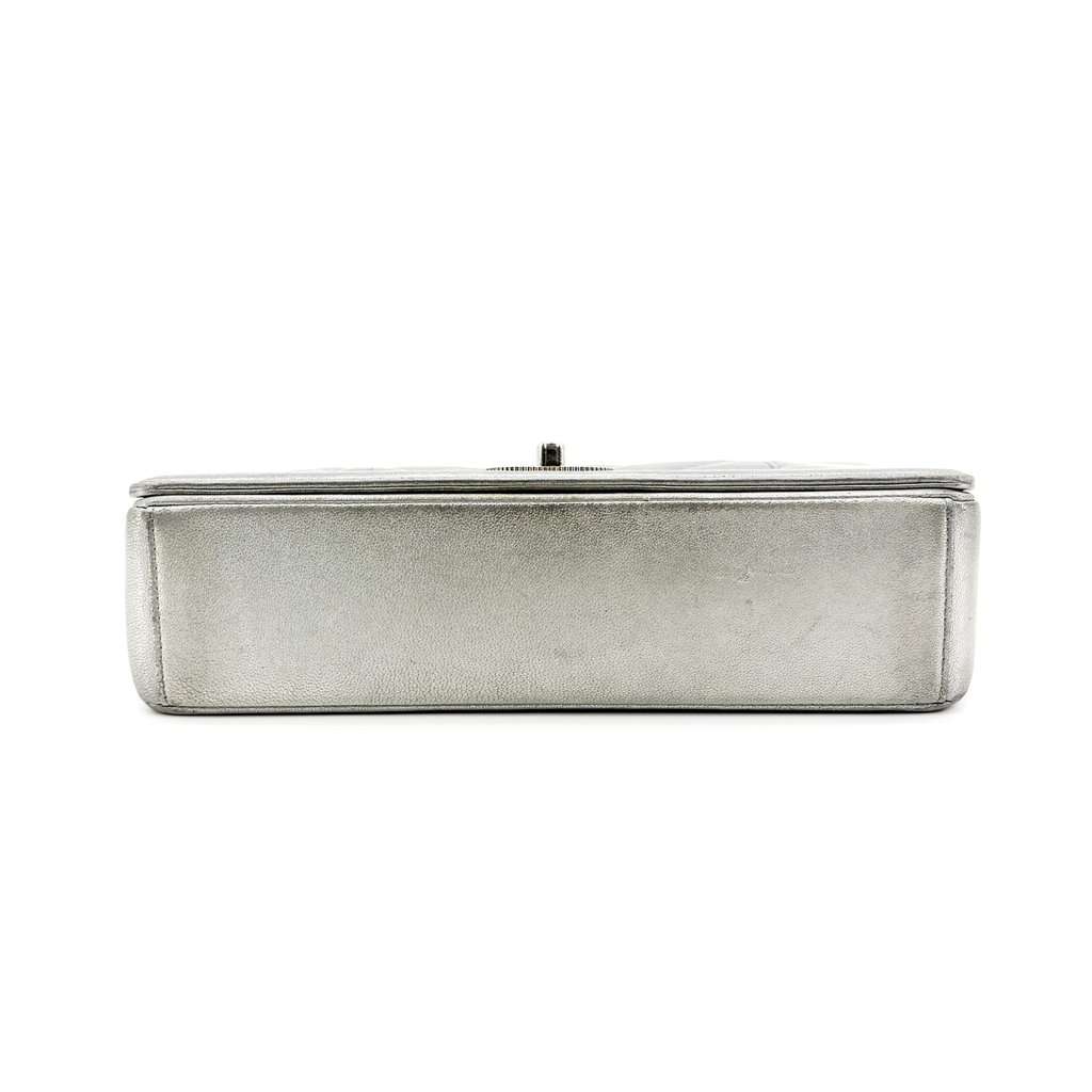 Chanel Chevron V-Stitch Metallic Flap Bag Silver Hardware Silver Leather Fair - Box View