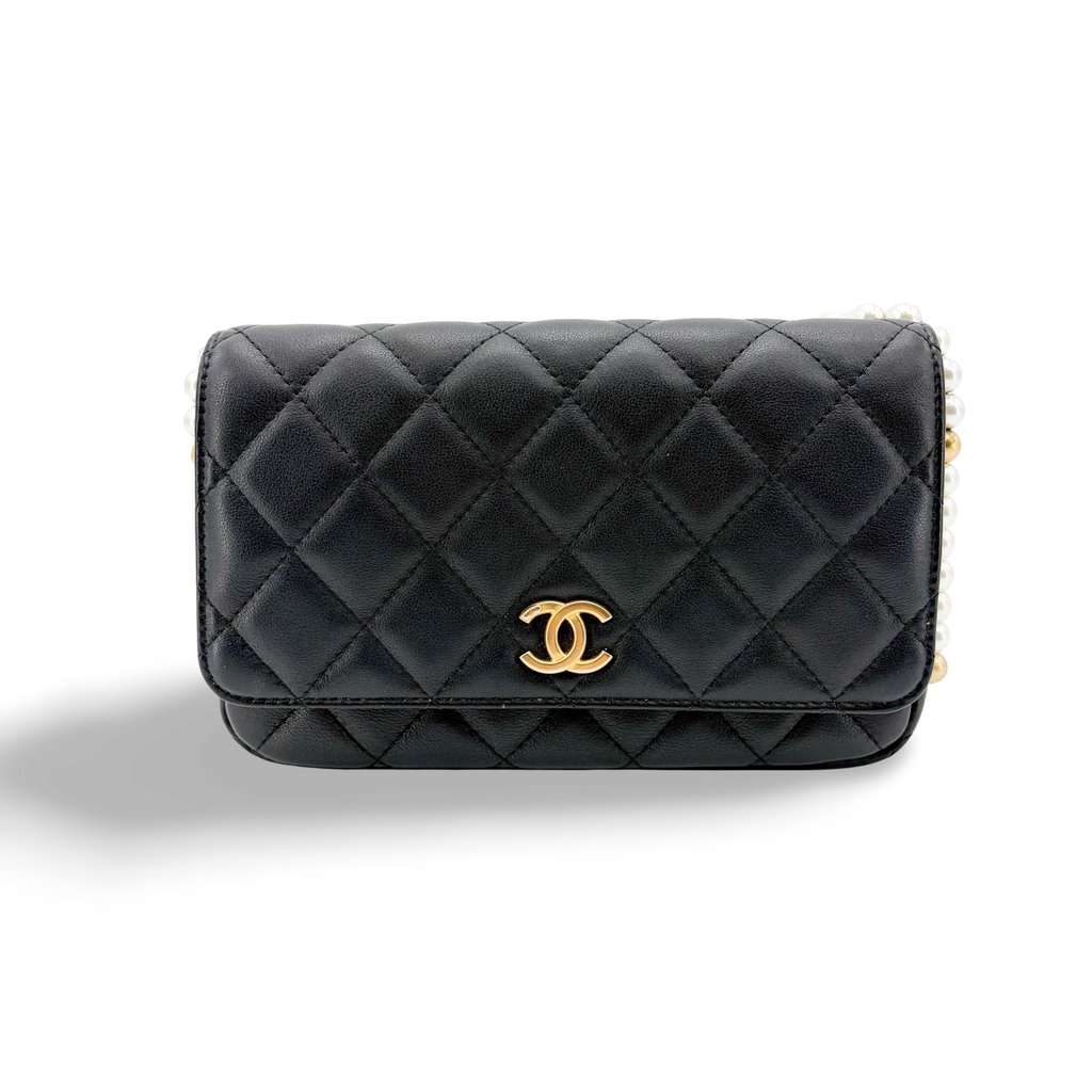 Chanel Lambskin Pearl Strap Mini Flap Bag Black Gold Hardware Black Leather Very good - Front View