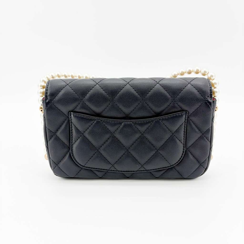 Chanel Lambskin Pearl Strap Mini Flap Bag Black Gold Hardware Black Leather Very good - Inside View