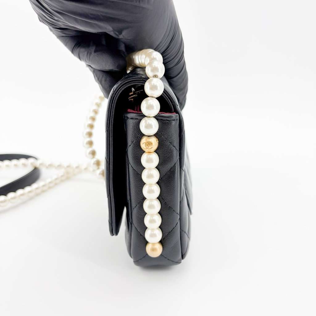 Chanel Lambskin Pearl Strap Mini Flap Bag Black Gold Hardware Black Leather Very good - Model View