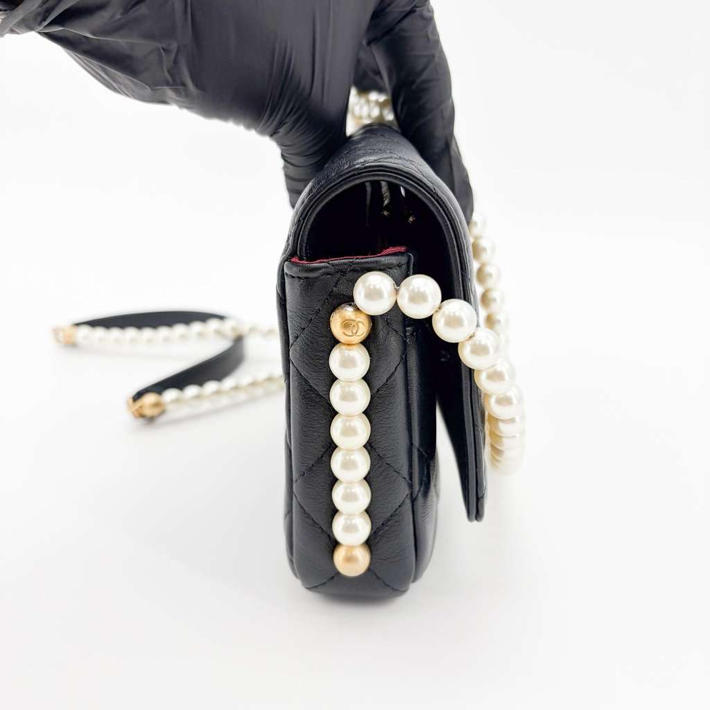 Chanel Lambskin Pearl Strap Mini Flap Bag Black Gold Hardware Black Leather Very good - Box View