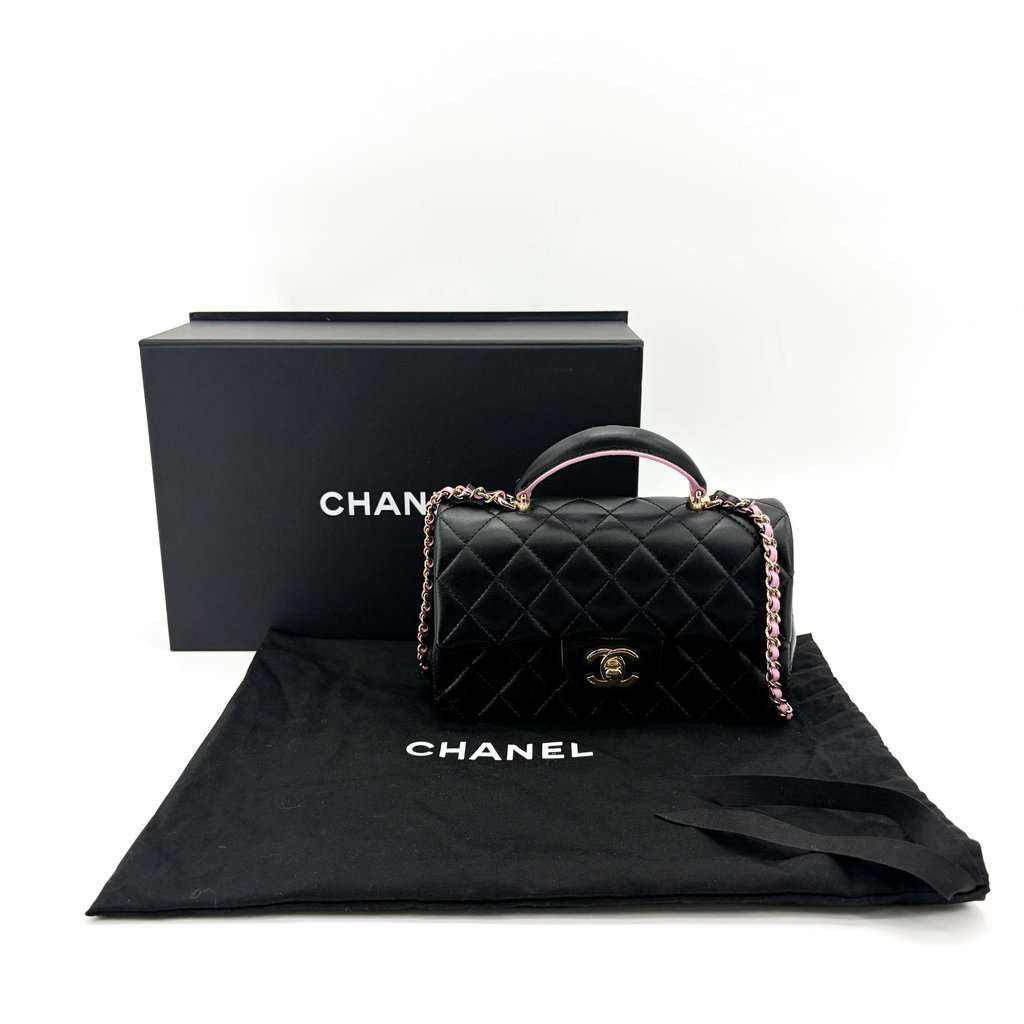 Chanel Lambskin Handle Mini Flap Bag Black and Pink Gold Hardware Black Leather Very good - Back View