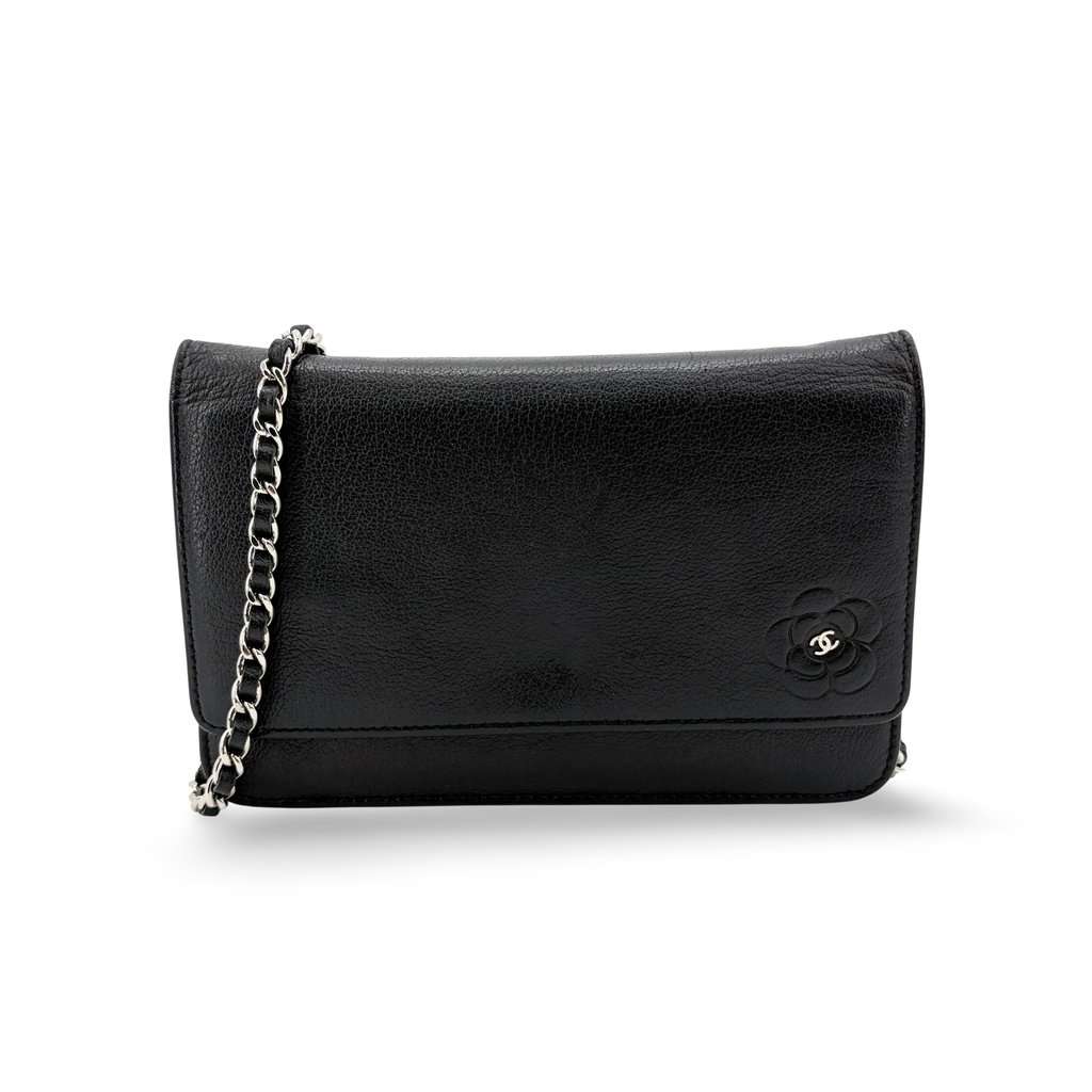 Chanel Camellia Wallet on Chain Black Silver Hardware Black Leather Very good - Front View