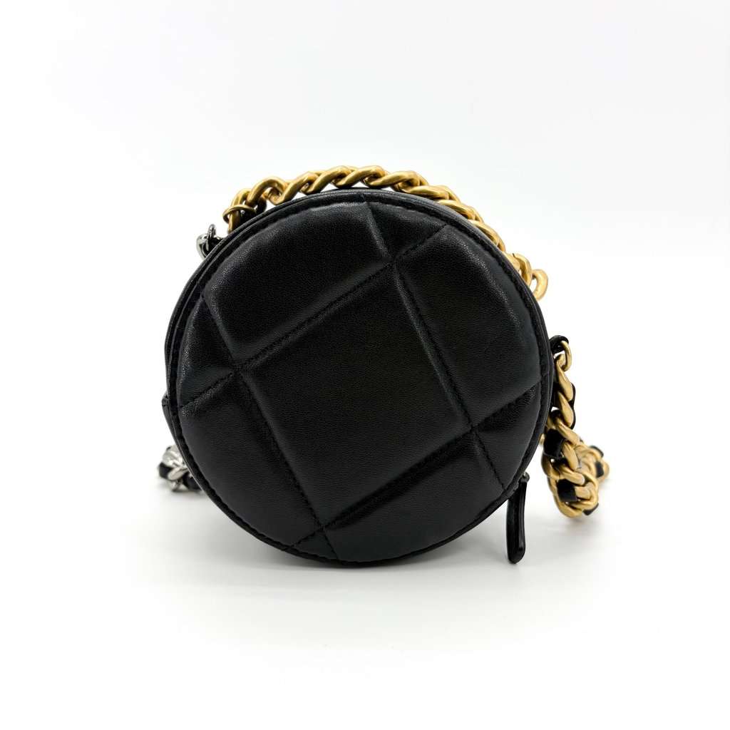 Chanel 19 Round Clutch with Chain Black Black Leather Very good - Back View