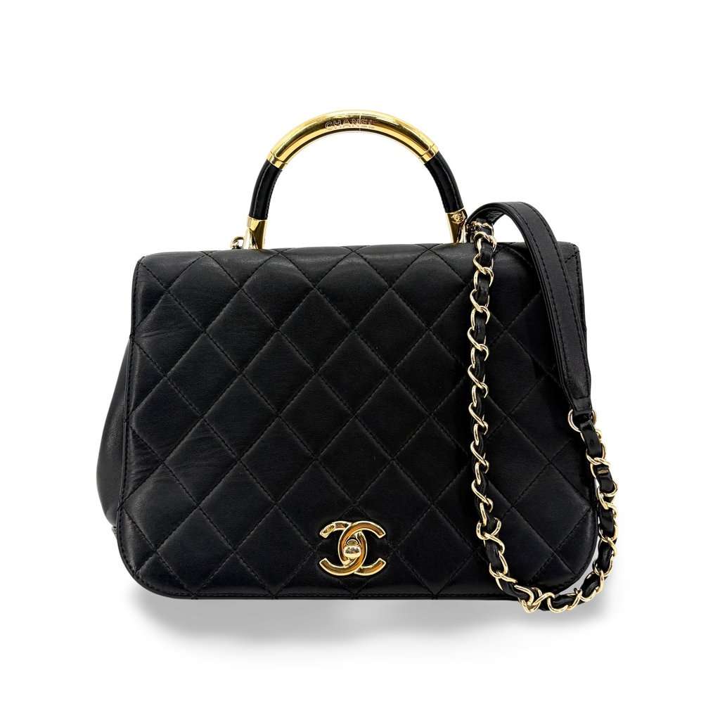 Chanel Small Trendy CC Top Handle Bag Black Gold Hardware Black Leather Good - Front View