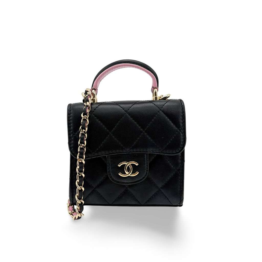 Chanel Lambskin Mini Top Handle Flap Bag Black Champagne Gold Black Leather Very good - Front View