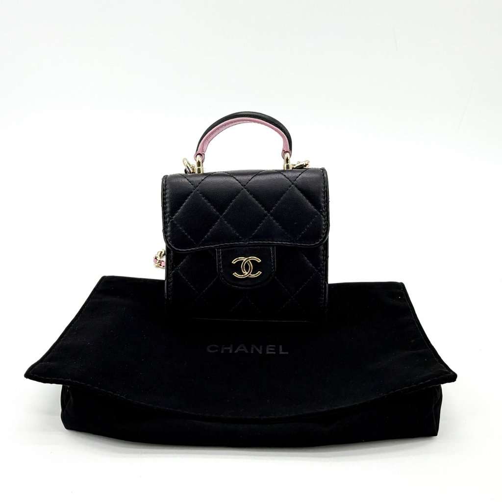 Chanel Lambskin Mini Top Handle Flap Bag Black Champagne Gold Black Leather Very good - Back View