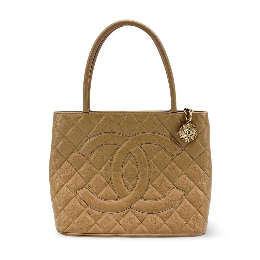 Chanel Caviar Medallion Tote Bag Beige Gold Hardware Beige Leather Good - Front View