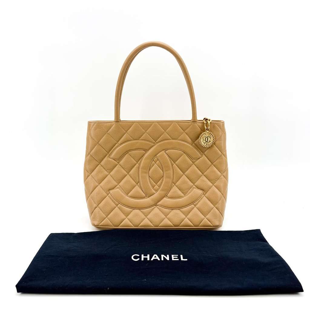 Chanel Caviar Medallion Tote Bag Beige Gold Hardware Beige Leather Good - Back View