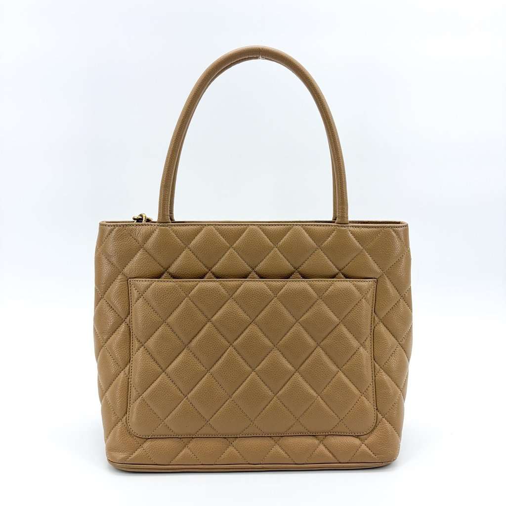 Chanel Caviar Medallion Tote Bag Beige Gold Hardware Beige Leather Good - Inside View