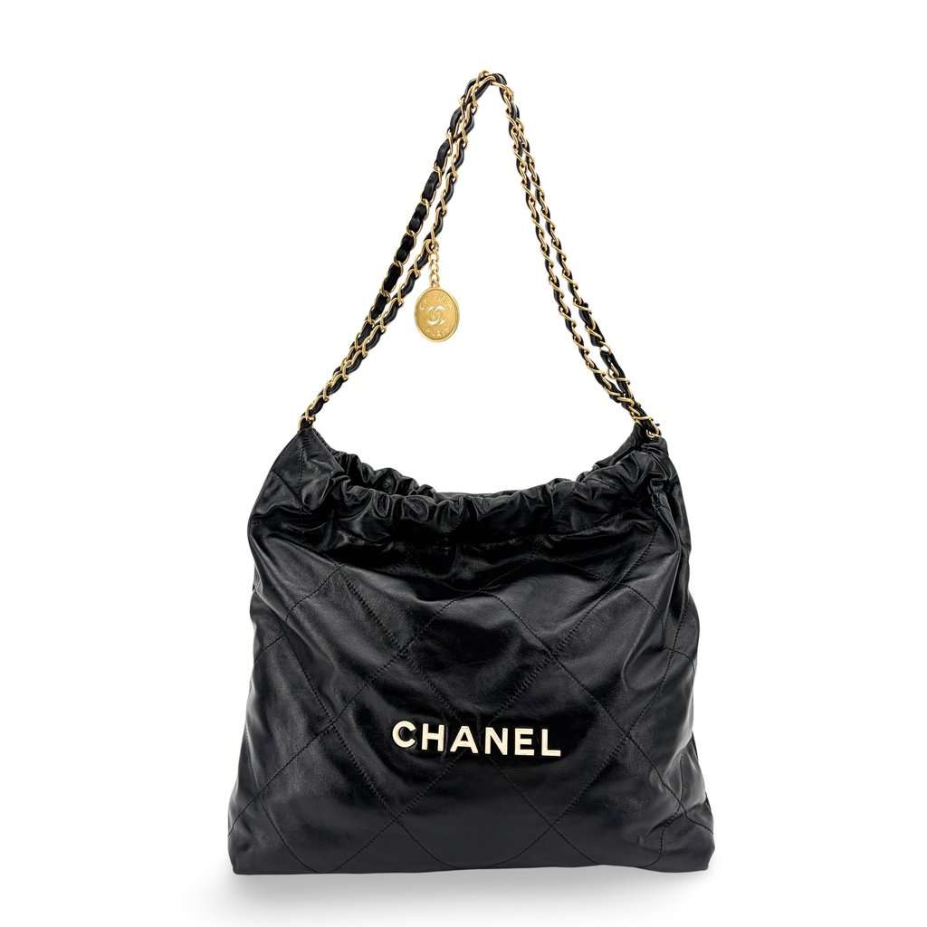 Chanel 22 Handbag Shiny Calfskin Black Gold Hardware Black Leather Very good - Front View