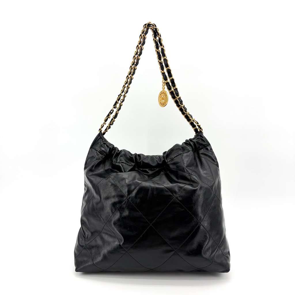 Chanel 22 Handbag Shiny Calfskin Black Gold Hardware Black Leather Very good - Inside View
