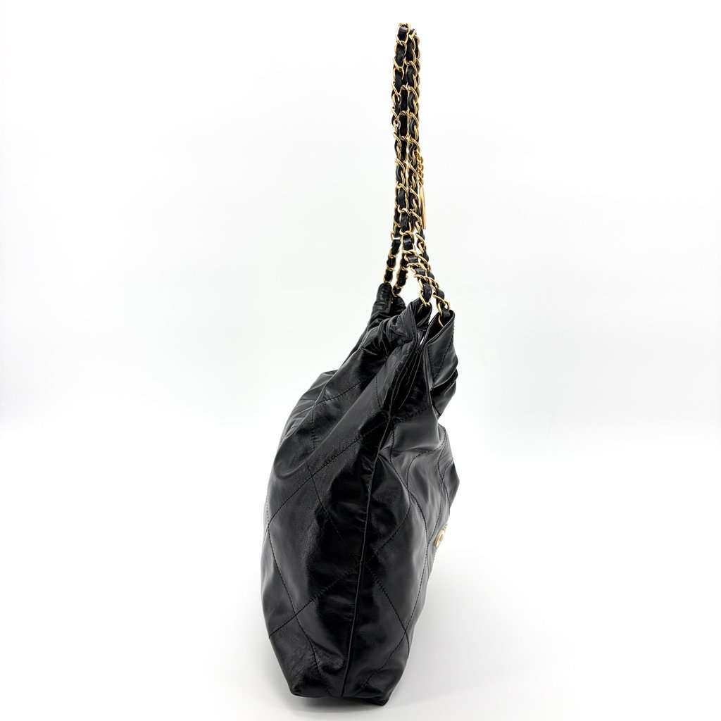 Chanel 22 Handbag Shiny Calfskin Black Gold Hardware Black Leather Very good - Box View