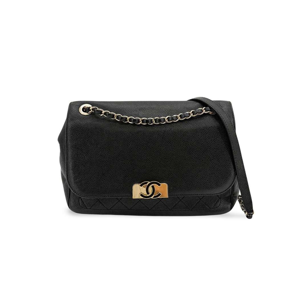 Chanel Large Caviar Quilted CC Flap Bag Black Gold Hardware Black Leather Very good - Front View