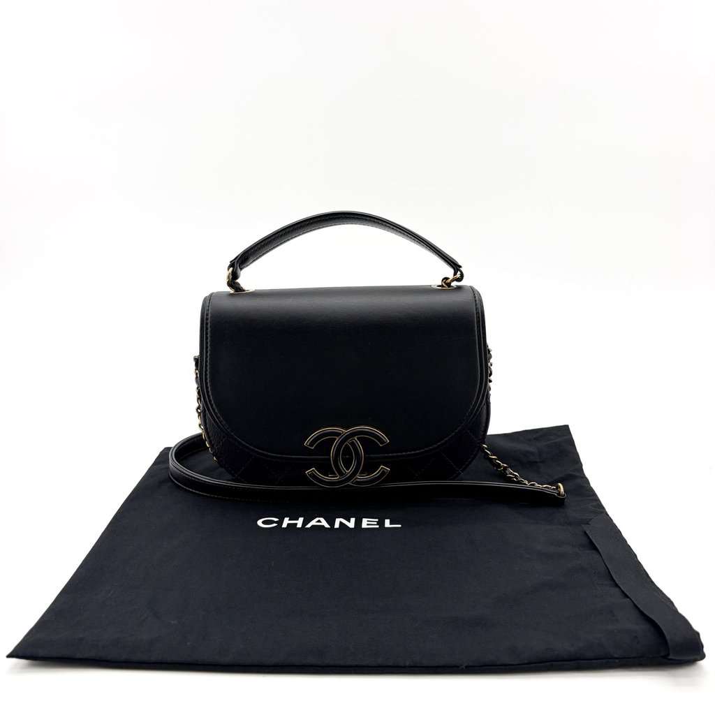 Chanel Lambskin Round Flap Top Handle Bag Black Gold Hardware Black Leather Good - Back View