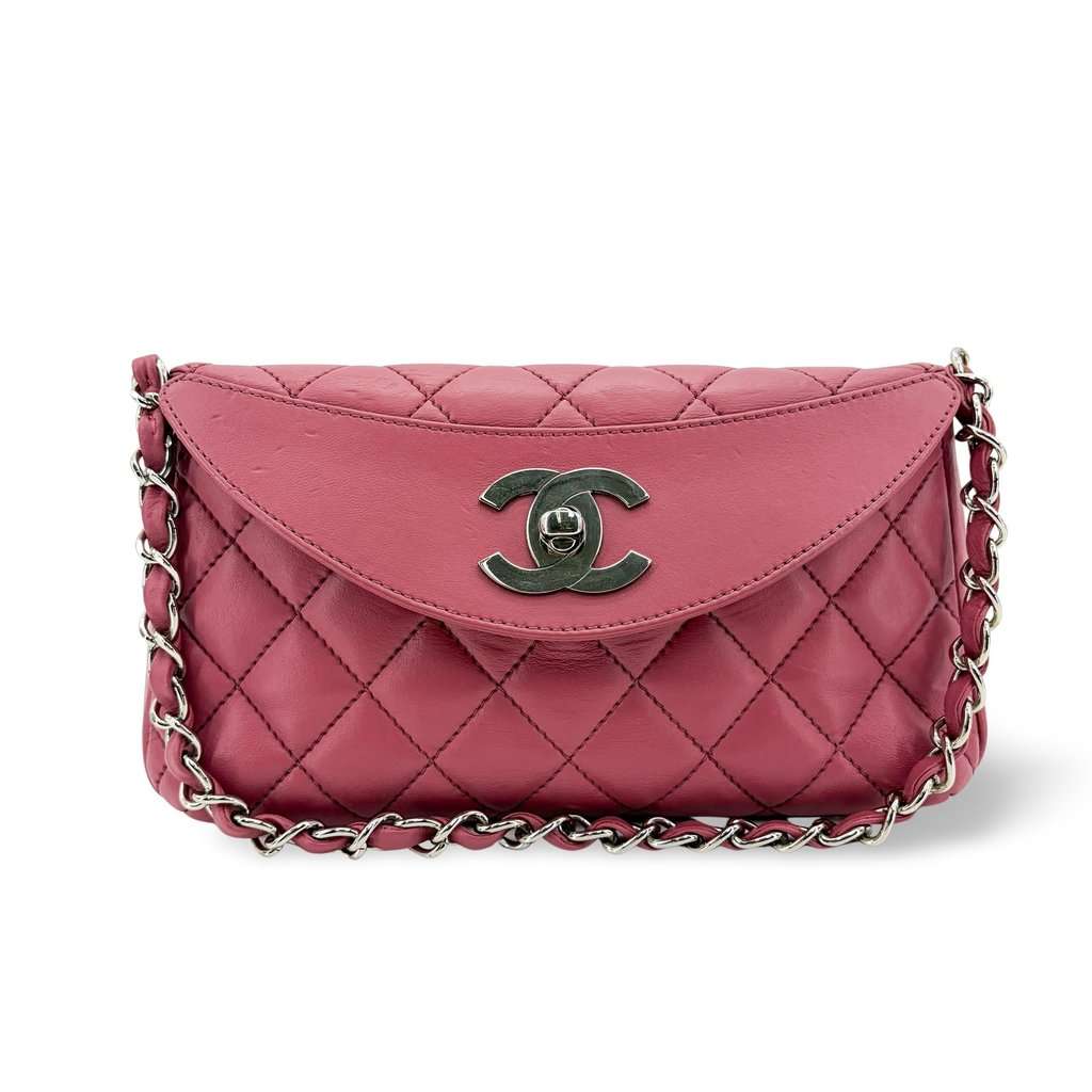 Chanel Quilted Lambskin Curved Flap Bag Pink Silver Hardware Pink Leather Good - Front View