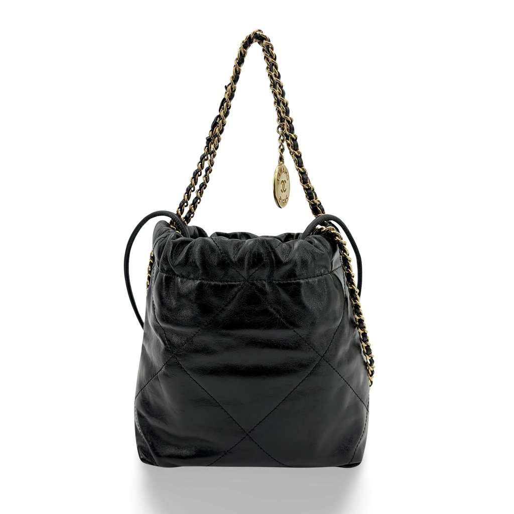 Chanel 22 Mini Handbag Black Glossy Calfskin Gold Hardware Black Leather Very good - Back View