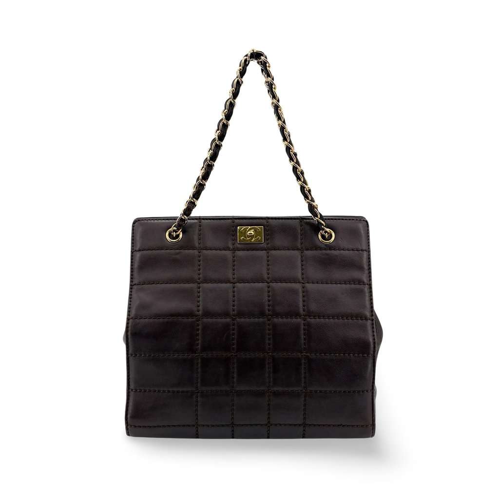 Chanel Chocolate Bar Chain Shoulder Bag Dark Brown Gold Hardware Brown Leather Good - Front View