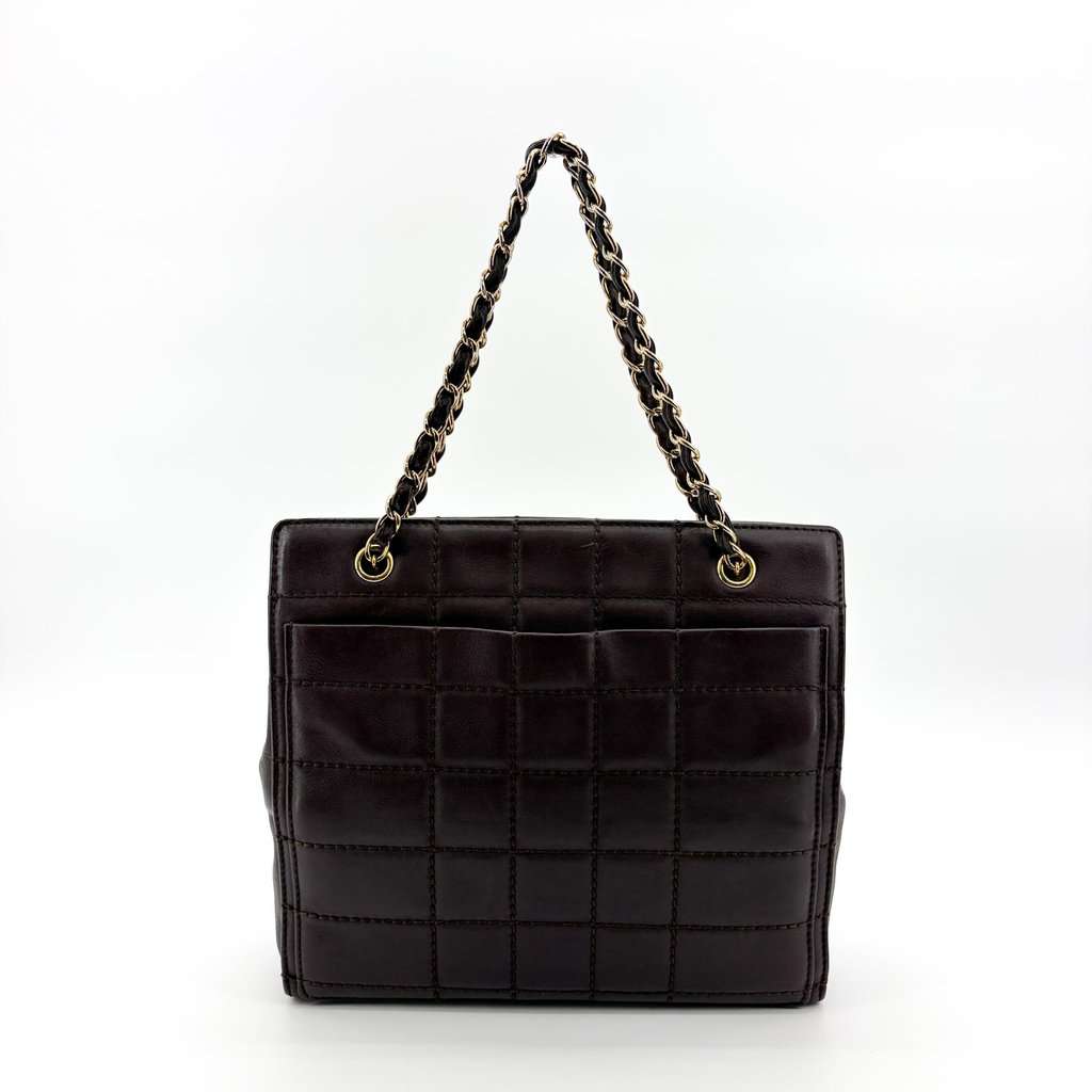 Chanel Chocolate Bar Chain Shoulder Bag Dark Brown Gold Hardware Brown Leather Good - Back View