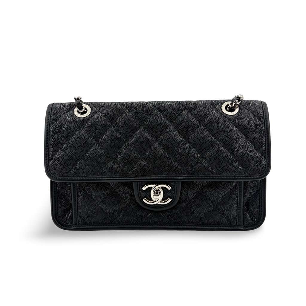 Chanel CC Day Caviar Flap Bag Black Silver Hardware Black Leather Good - Front View