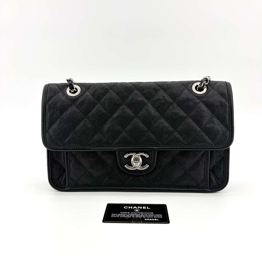 Chanel CC Day Caviar Flap Bag Black Silver Hardware Black Leather Good - Back View
