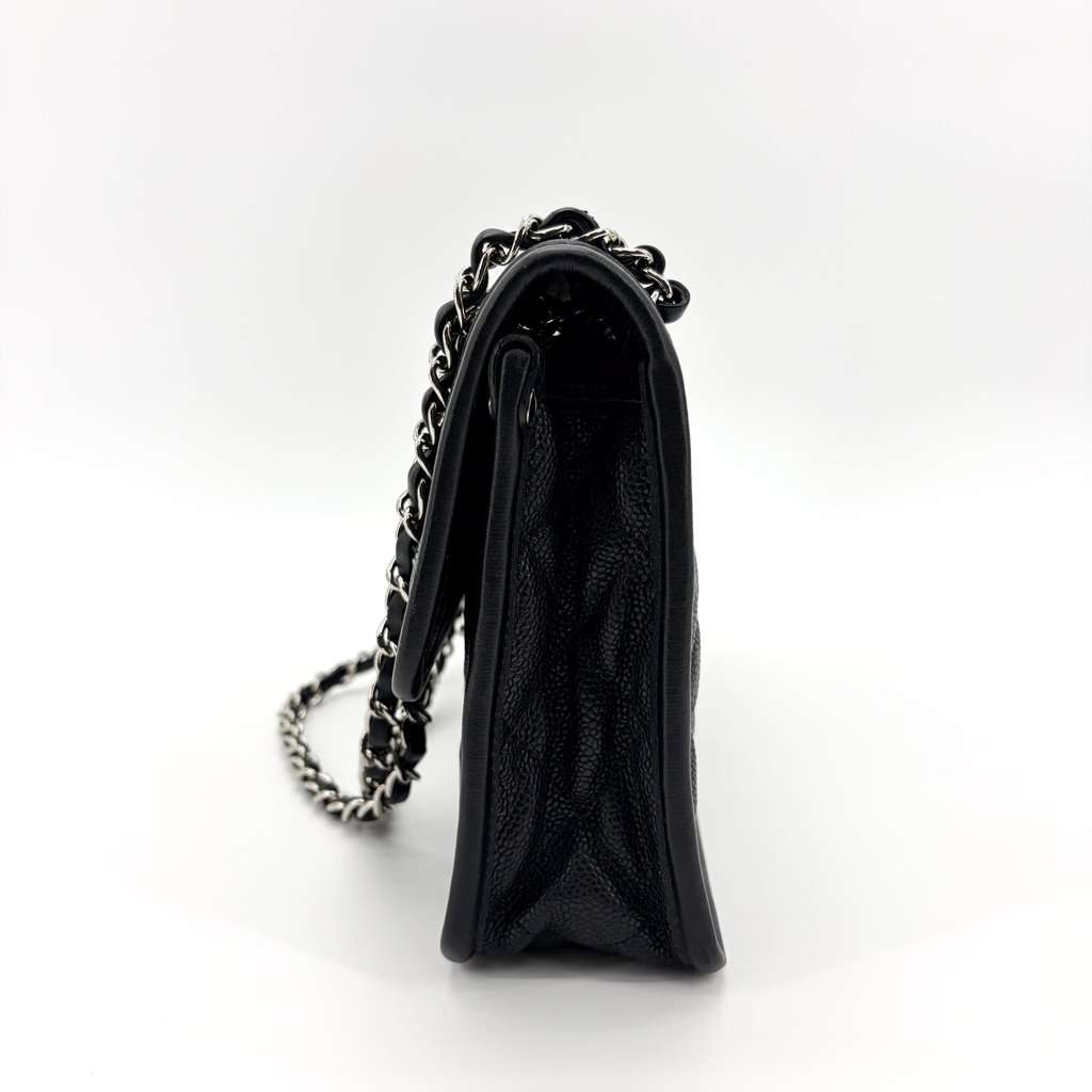 Chanel CC Day Caviar Flap Bag Black Silver Hardware Black Leather Good - Model View