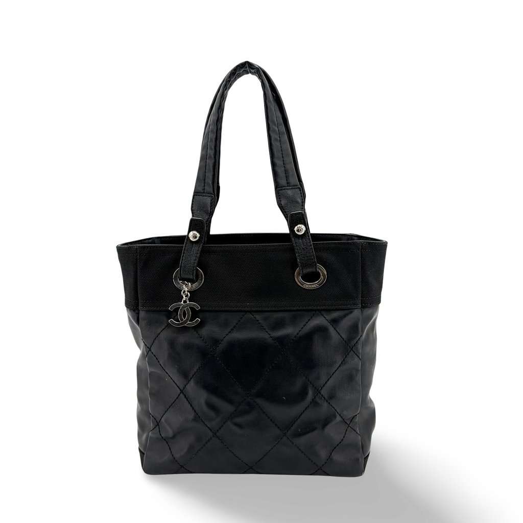 Chanel Paris Biarritz Tote Bag PM Black Black Canvas Fair - Front View