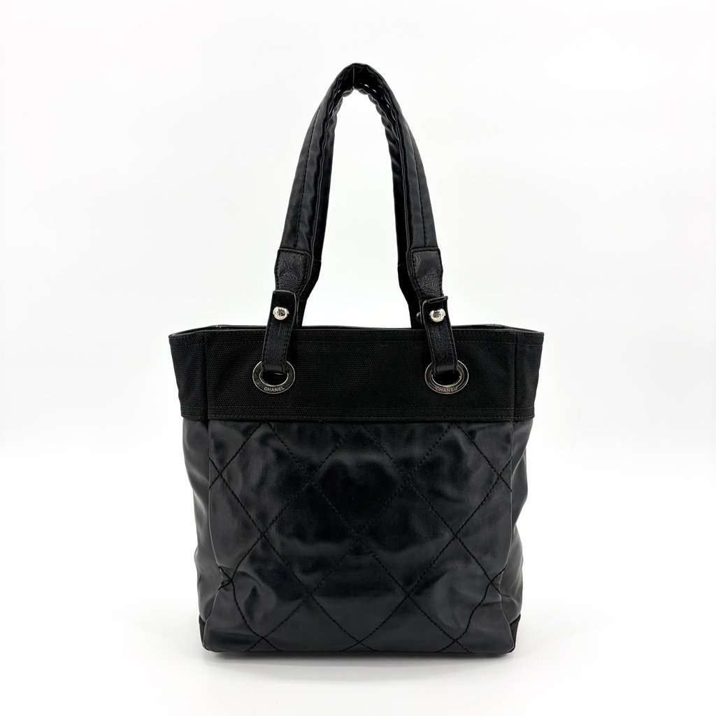 Chanel Paris Biarritz Tote Bag PM Black Black Canvas Fair - Back View
