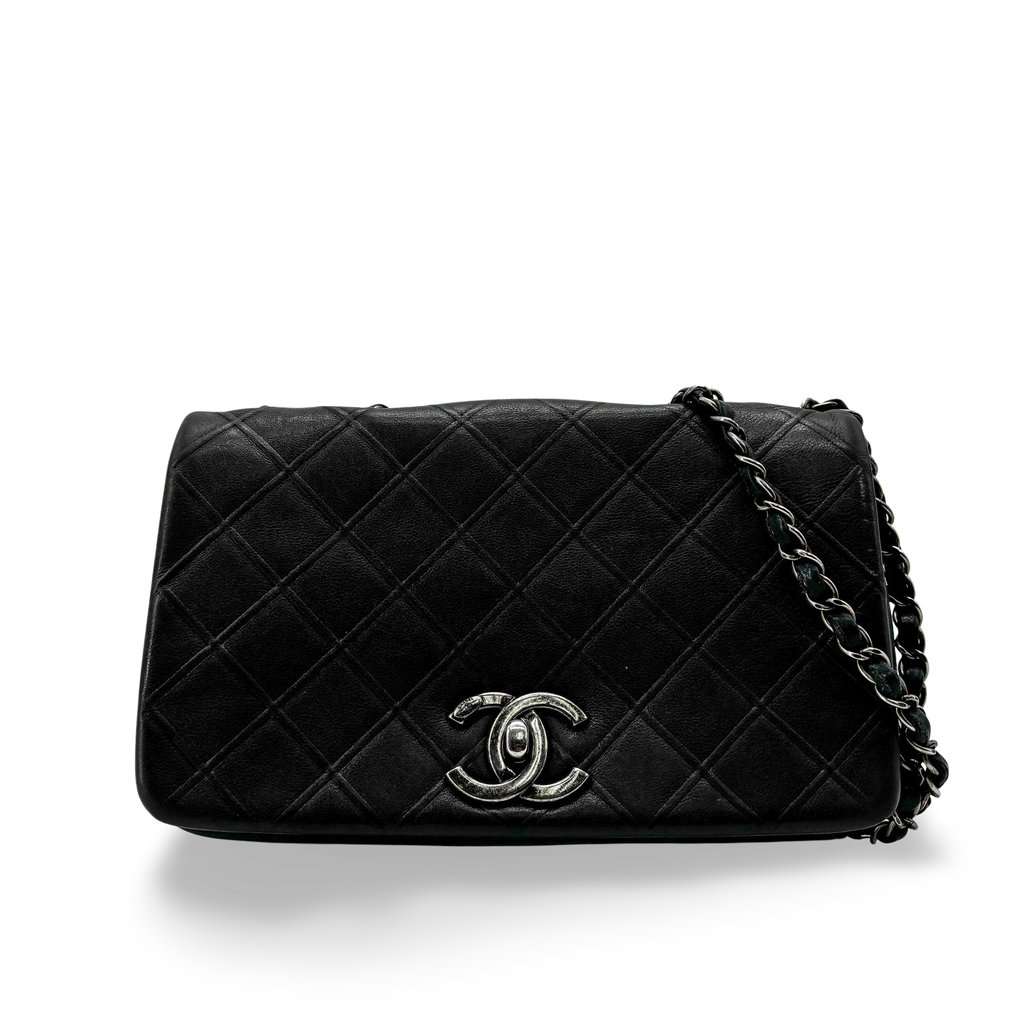 Chanel Vintage Classic Single Flap Bag Medium Lambskin Black Silver Hardware Black Leather Good - Front View