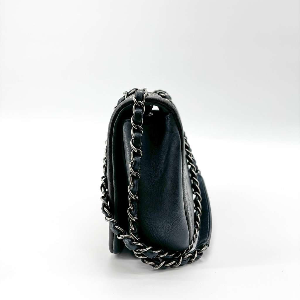 Chanel Vintage Classic Single Flap Bag Medium Lambskin Black Silver Hardware Black Leather Good - Model View