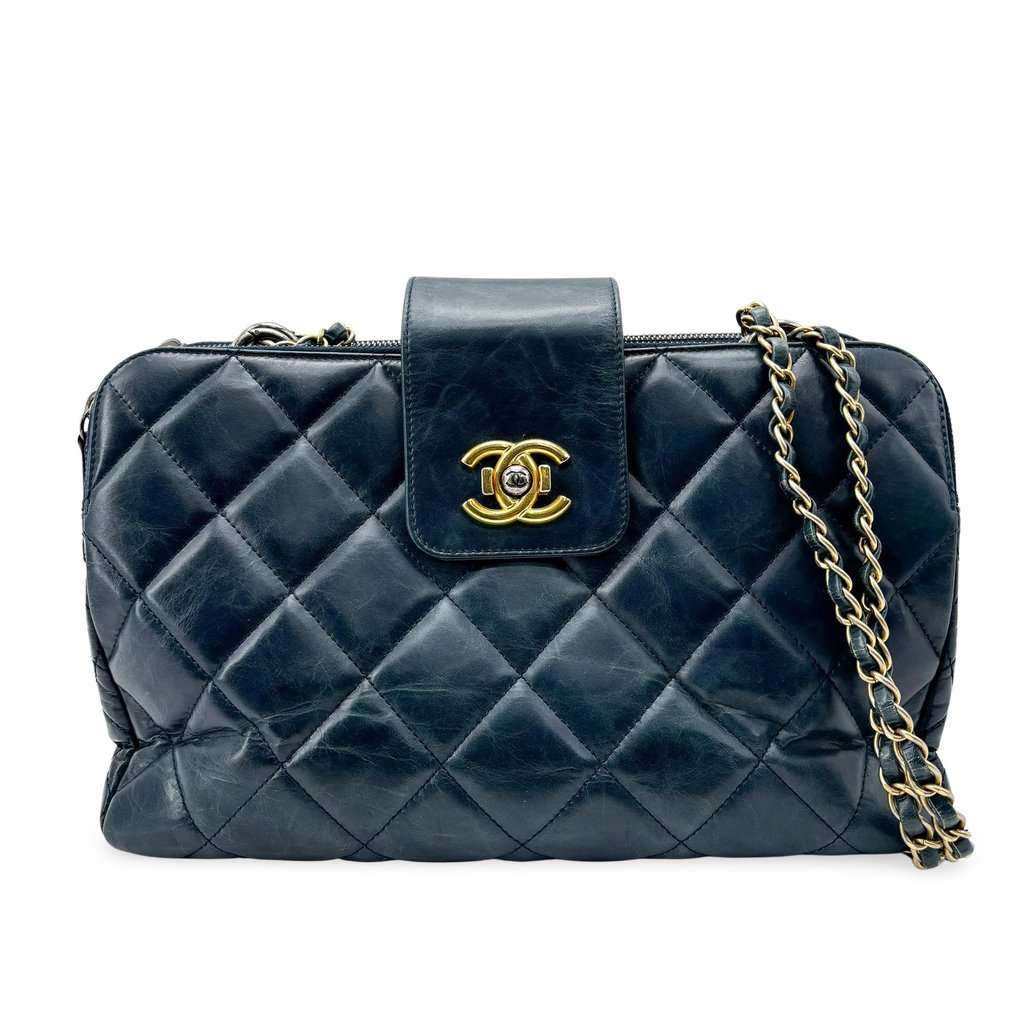 Chanel Vintage Lambskin Frame Chain Shoulder Bag Navy Gold Hardware Gold Leather Very good - Front View