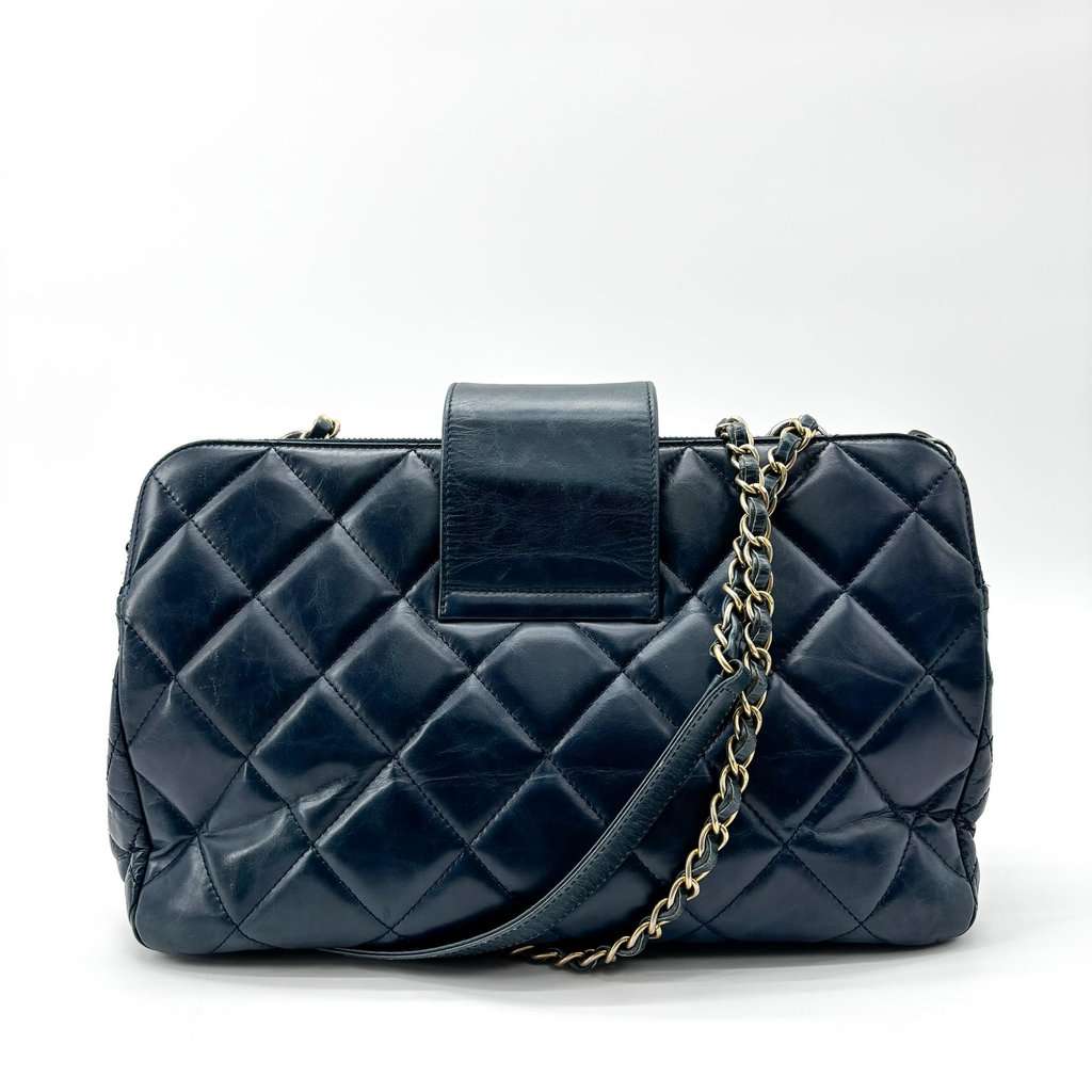 Chanel Vintage Lambskin Frame Chain Shoulder Bag Navy Gold Hardware Gold Leather Very good - Inside View