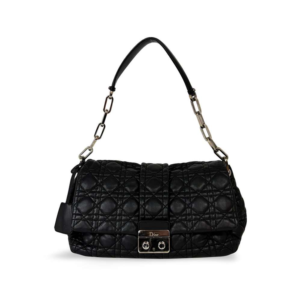 Dior Newrock Flap Bag Medium Black Cannage Lambskin Silver Hardware Black Leather Good - Front View