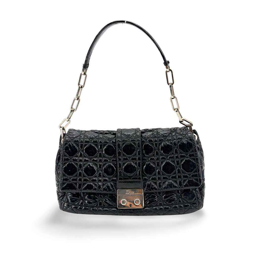 Dior Cannage Patent Flap Shoulder Bag Black MultiColor Leather Good - Front View