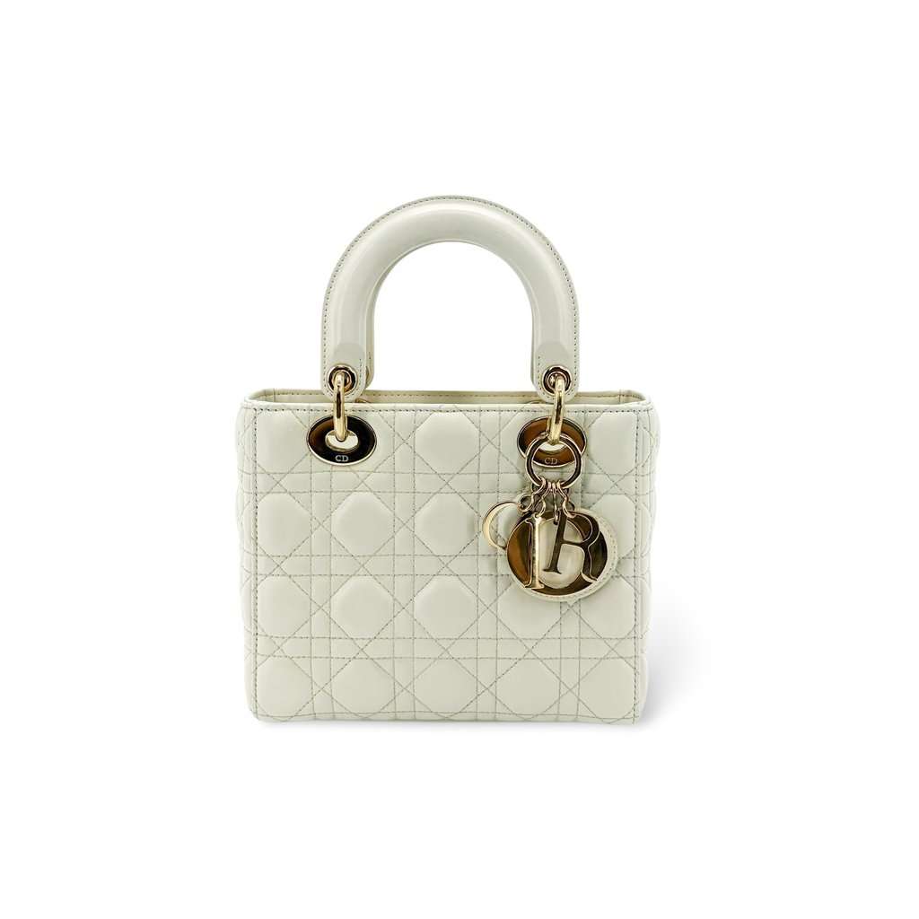 Dior Lady Dior Medium Bag Ultra White Patent Gold Hardware MultiColor Leather Very good - Front View