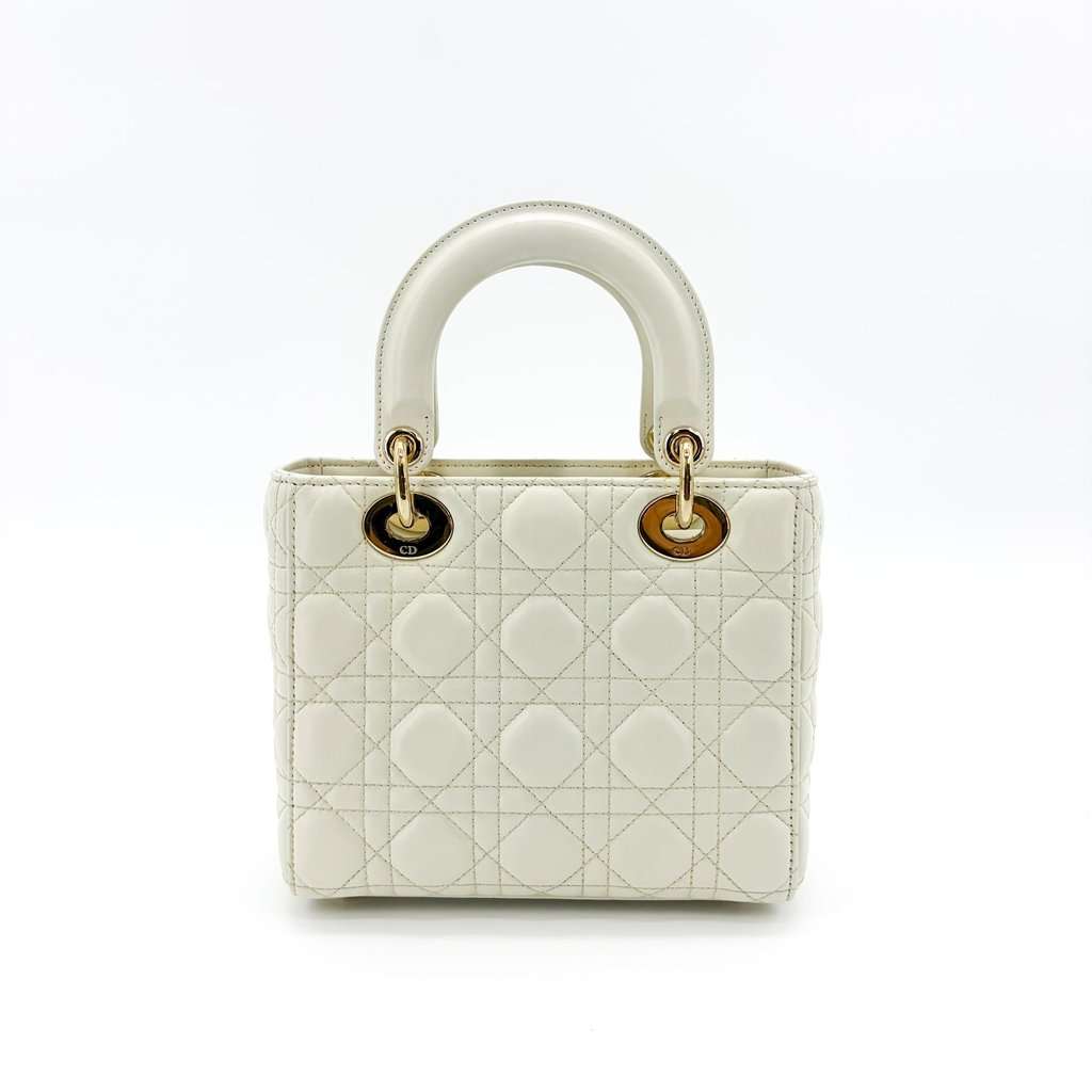 Dior Lady Dior Medium Bag Ultra White Patent Gold Hardware MultiColor Leather Very good - Back View