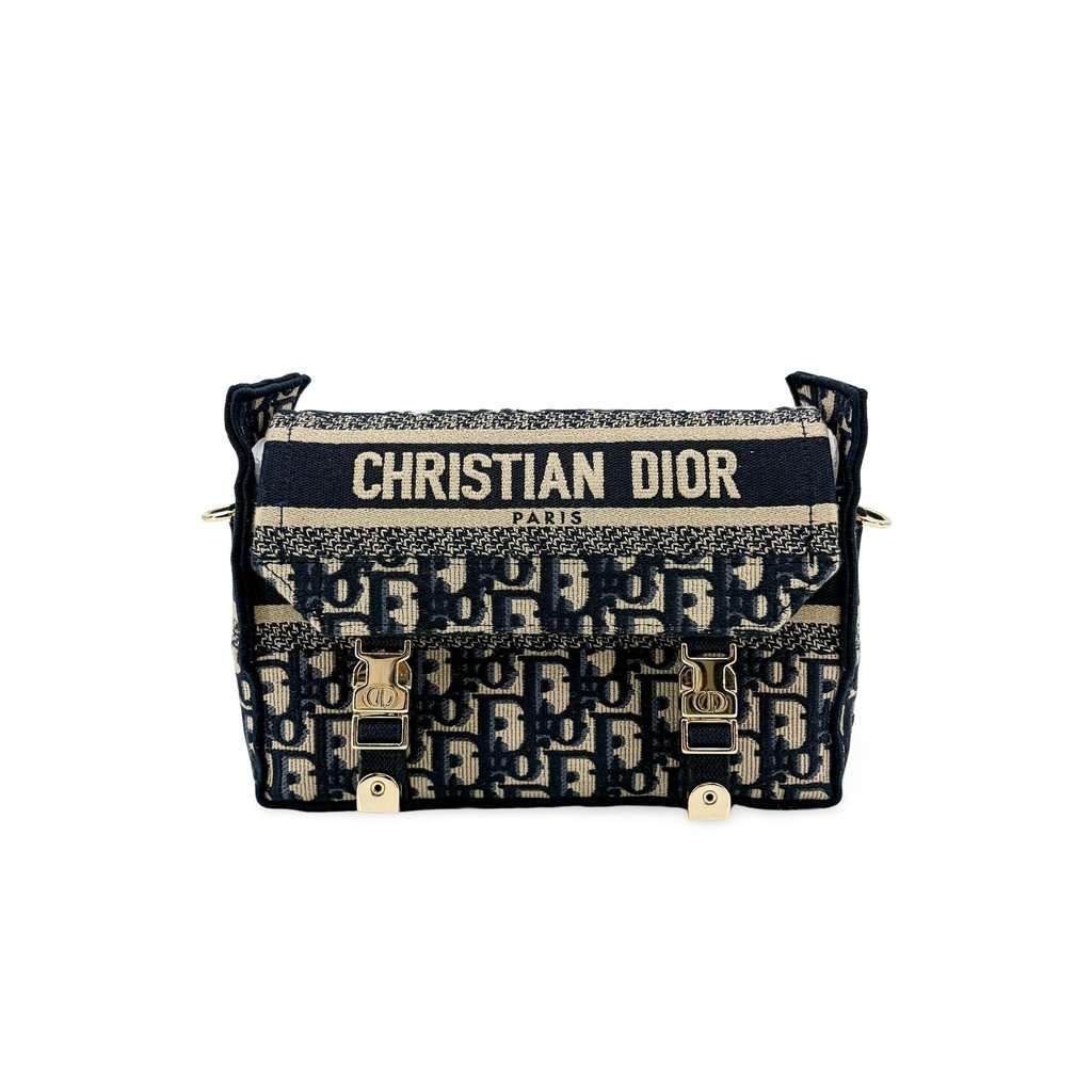 Dior Small Dior Camp Bag Navy Blue Oblique Embroidery MultiColor Leather Very good - Front View