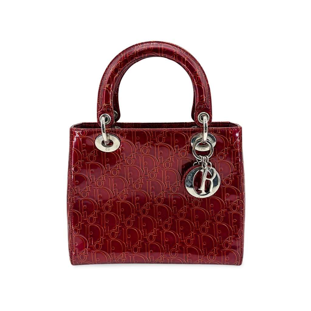 Dior Lady Dior Medium Burgundy Logo Embossed Patent Bag MultiColor Leather Good - Front View
