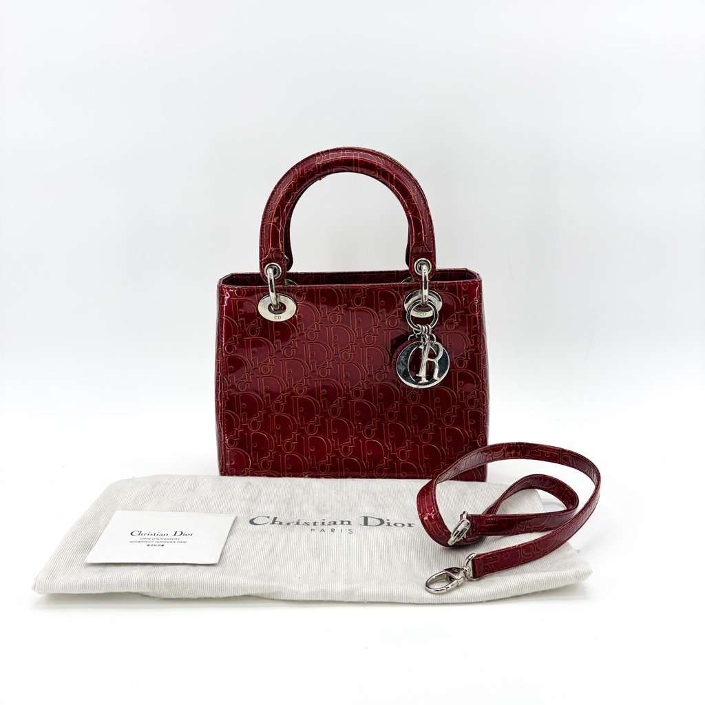 Dior Lady Dior Medium Burgundy Logo Embossed Patent Bag MultiColor Leather Good - Back View