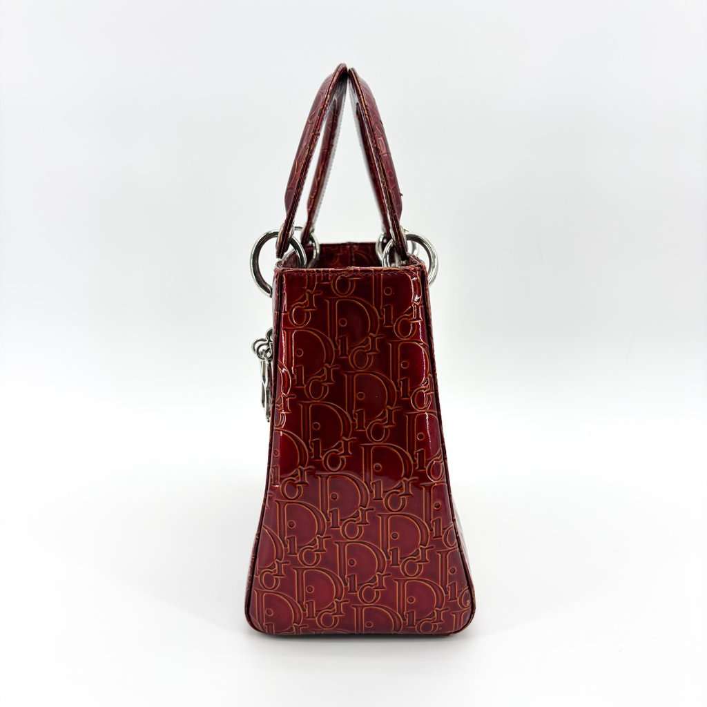 Dior Lady Dior Medium Burgundy Logo Embossed Patent Bag MultiColor Leather Good - Model View