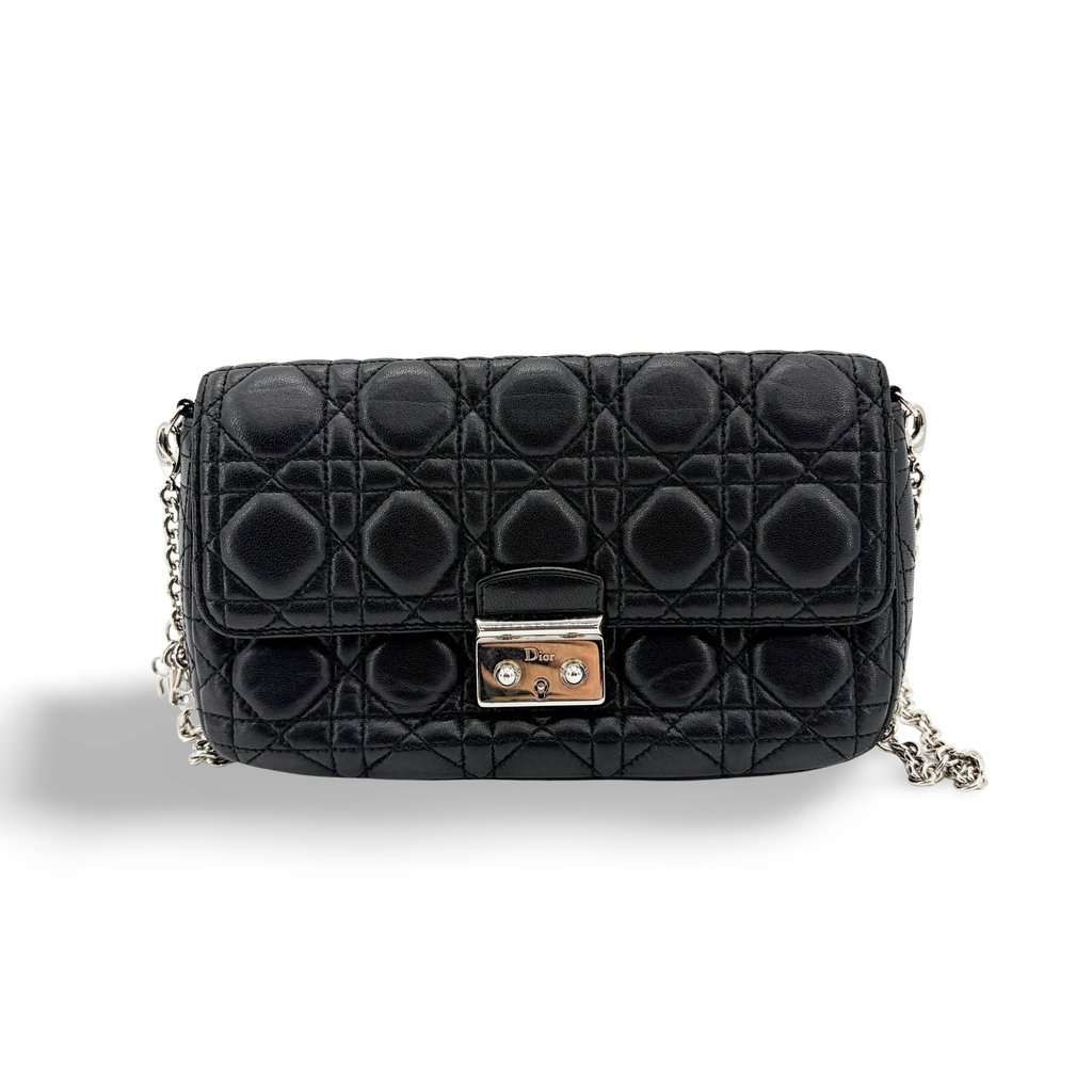 Dior Miss Dior Promenade Lambskin Pouch Black Silver Hardware Black Leather Good - Front View
