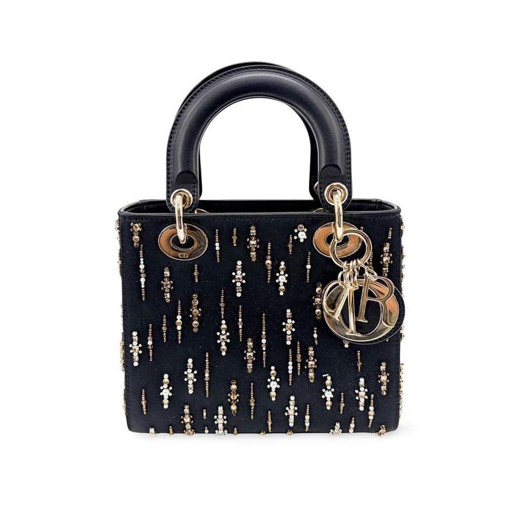 Dior Mini Lady Dior Bag in black satin and bead embroidery Black Satin Very good - Front View