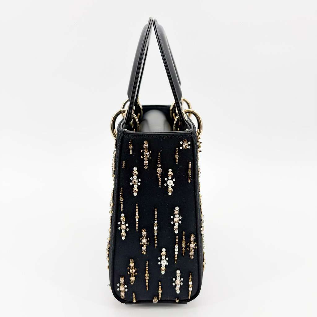 Dior Mini Lady Dior Bag in black satin and bead embroidery Black Satin Very good - Box View