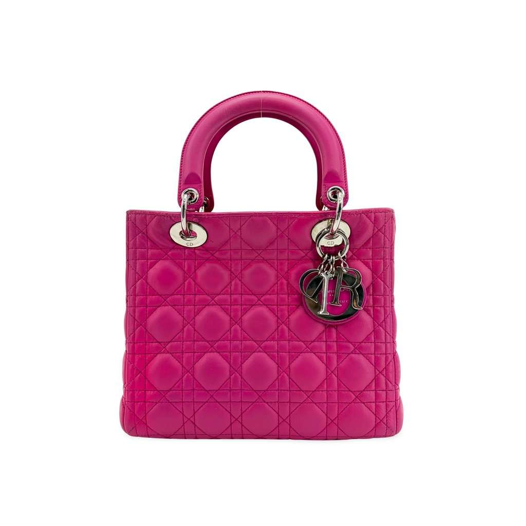 Dior Lady Dior Medium Bag Fuchsia Lambskin Silver Pink Leather Good - Front View