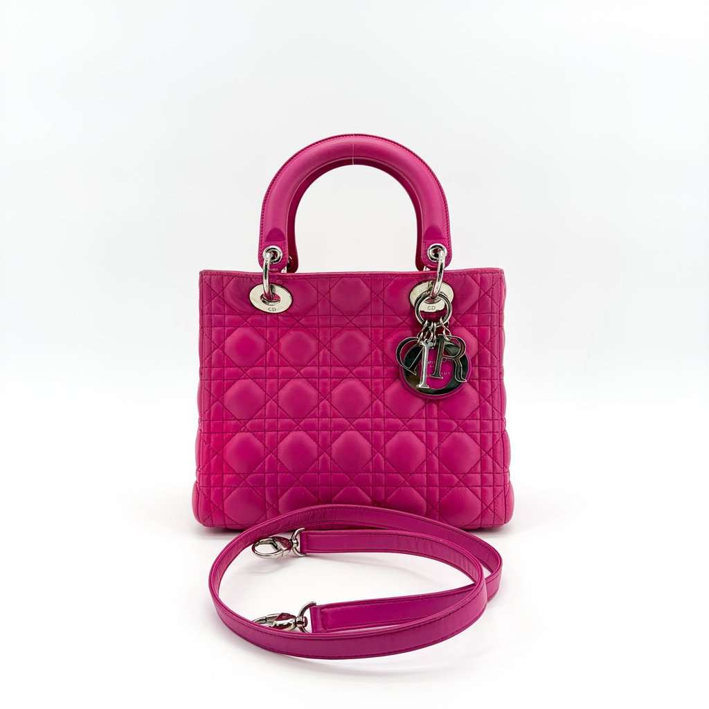 Dior Lady Dior Medium Bag Fuchsia Lambskin Silver Pink Leather Good - Back View