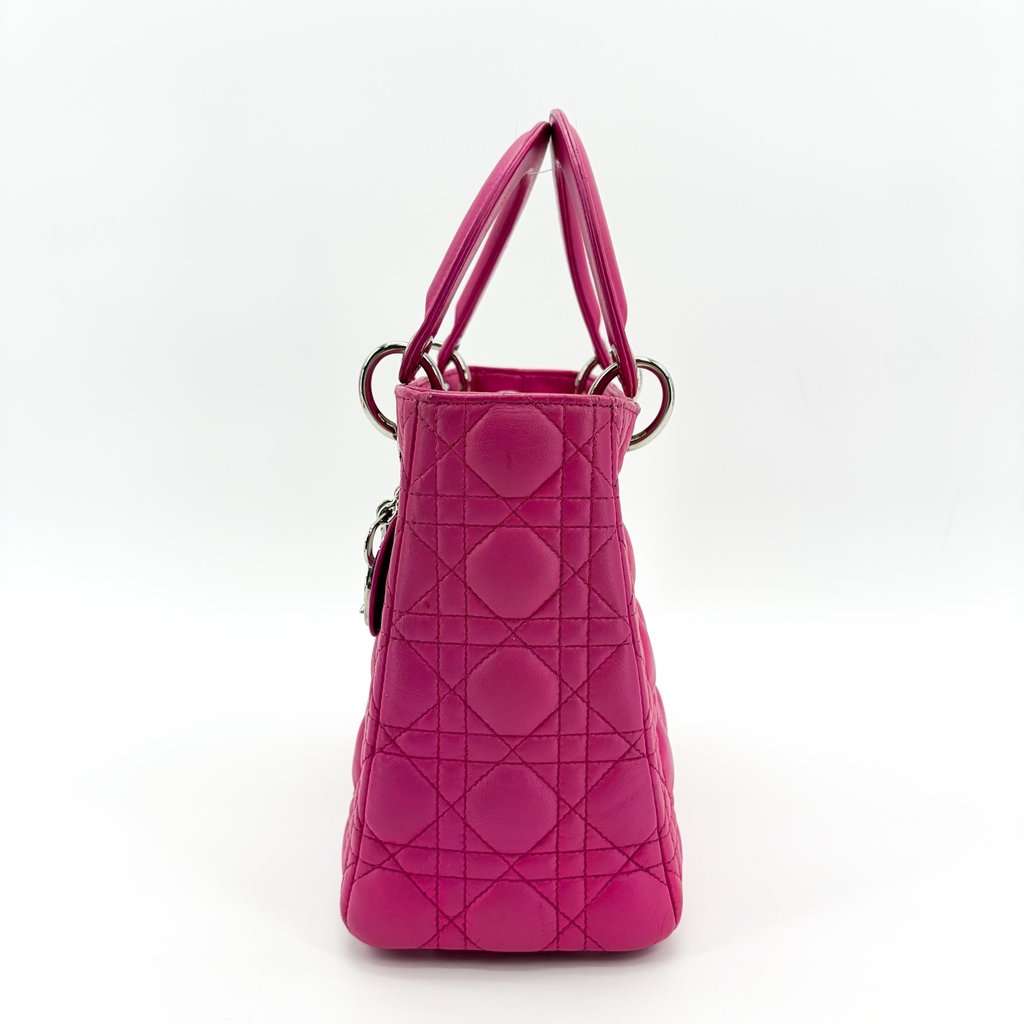 Dior Lady Dior Medium Bag Fuchsia Lambskin Silver Pink Leather Good - Model View
