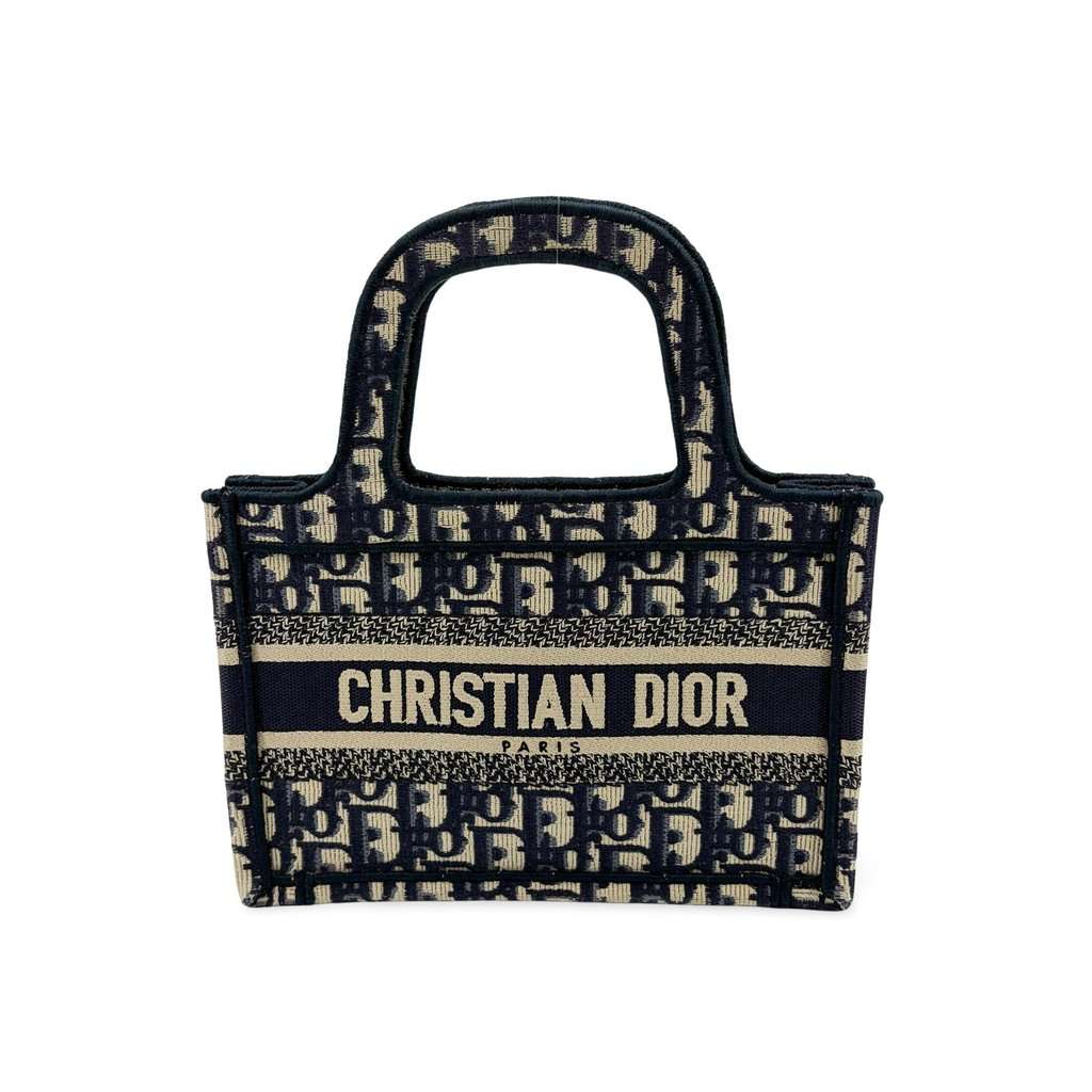 Dior Mini Book Tote Blue Oblique Beige Leather Good - Front View