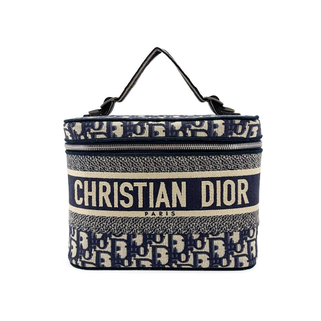 Dior Small Dior Travel Vanity Case Blue Oblique Beige Canvas Good - Front View
