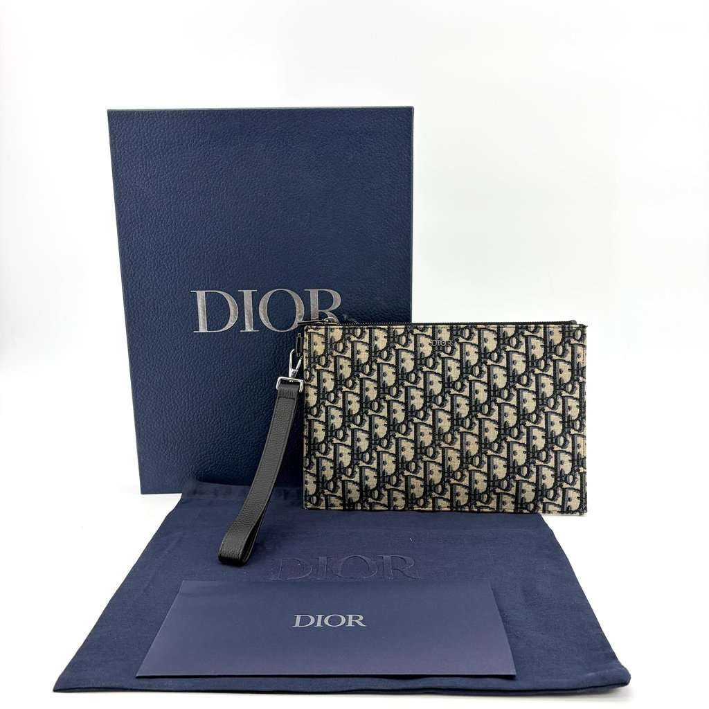 Dior Oblique Zipper Pouch Beige Black Beige Jacquard Good - Back View